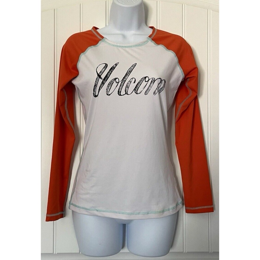 Volcom Rashguard Shirt Womens Size Medium white Orange Slim Long Sleeve